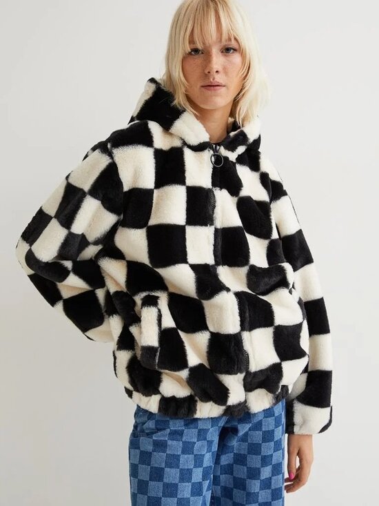 H&M Jackets & Blazers - H&M Fuzzy Checkerboard Vans Style Jacket Coat XS Black and White